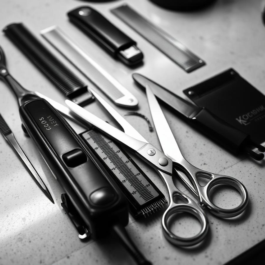 Barber tools, clippers and shears on the counter
