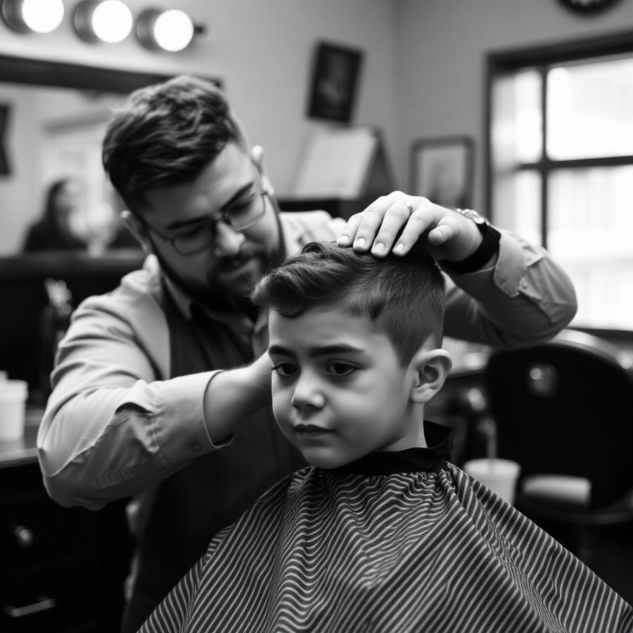 Barber cutting a young client's hair